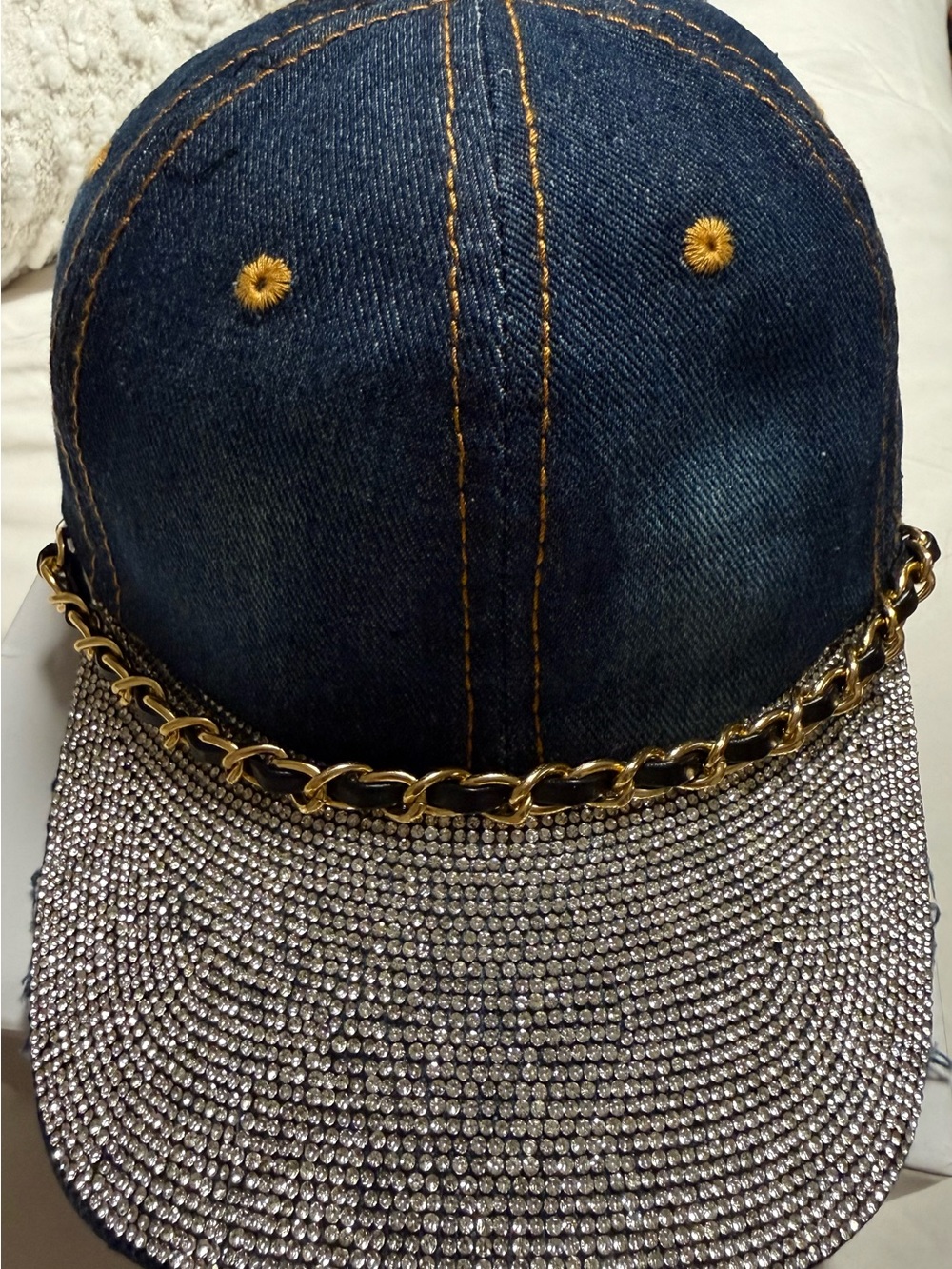 Vintage 90’s Denim Cap with Gold Chain and Silver Crystal Visor -never worn
